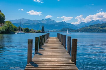 A wooden dock extends into a calm lake on a sunny day, surrounded by water and distant trees - obrazy, fototapety, plakaty