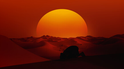 Berber prays to God in the Sahara desert at dusk with amazing sunset