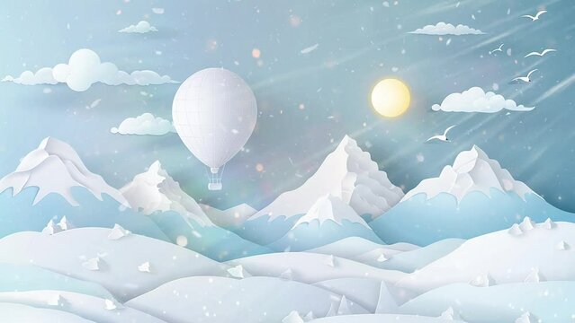 white mountain 3d paper art and craft of air balloon white floating. seamless looping overlay 4k virtual video animation background