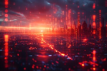 Fototapeta premium Futuristic Fintech Cityscape with Illuminated Financial Data Visualizations and Pulsing Market Trends
