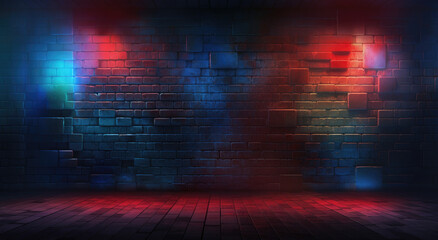 A 3d illustration of brick wall room with blue, red, purple and pink neon lights on wooden floor. Dark background with smoke and bright highlights, night view. Studio shot mockup design - obrazy, fototapety, plakaty