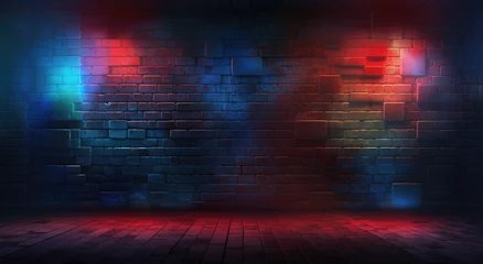 Fotobehang A 3d illustration of brick wall room with blue, red, purple and pink neon lights on wooden floor. Dark background with smoke and bright highlights, night view. Studio shot mockup design © ribelco