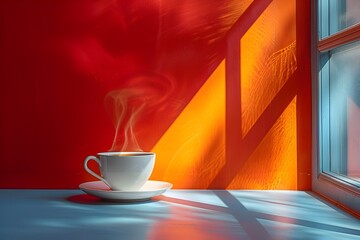 Captivating Contrast Sleek Coffee Cup Set Aglow on Modern Windowsill with Soft Sunbeam Gradient