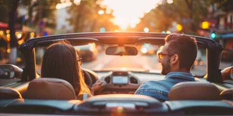A man and a woman are driving in a convertible car, enjoying the open road together