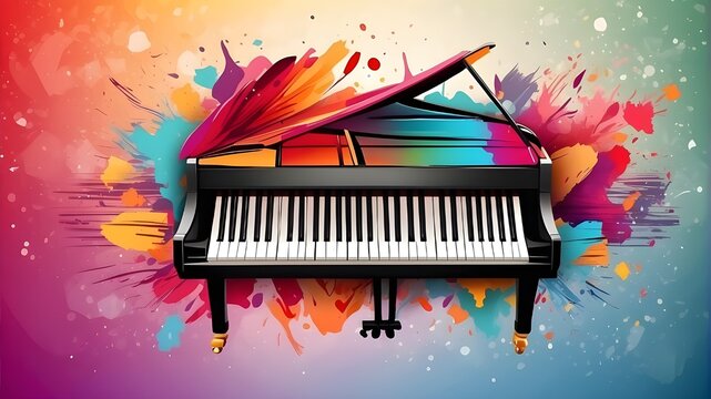 A piano keyboard and an abstract, colorful dust background are included in the World Music Day banner. Event for Music Day and bright design of musical instruments