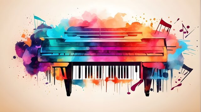 A piano keyboard and an abstract, colorful dust background are included in the World Music Day banner. Event for Music Day and bright design of musical instruments