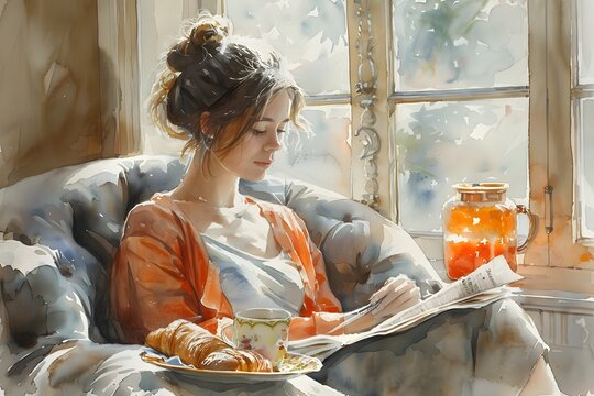 Bright and Airy Watercolor of a Woman Reading Newspaper with Breakfast in a Sunlit Cozy Corner