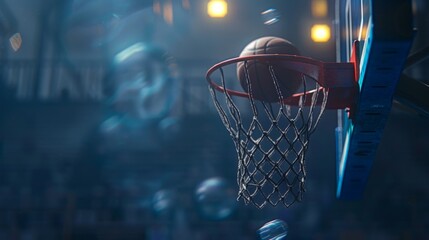 A basketball is seen going through the hoop during an intense basketball game, highlighting a successful shot - Powered by Adobe