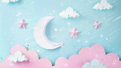 abstract baby shower card on blue background paper art with pink clouds. seamless looping overlay 4k virtual video animation background