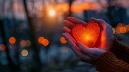A persons hands holding a glowing heart with care and warmth - obrazy, fototapety, plakaty