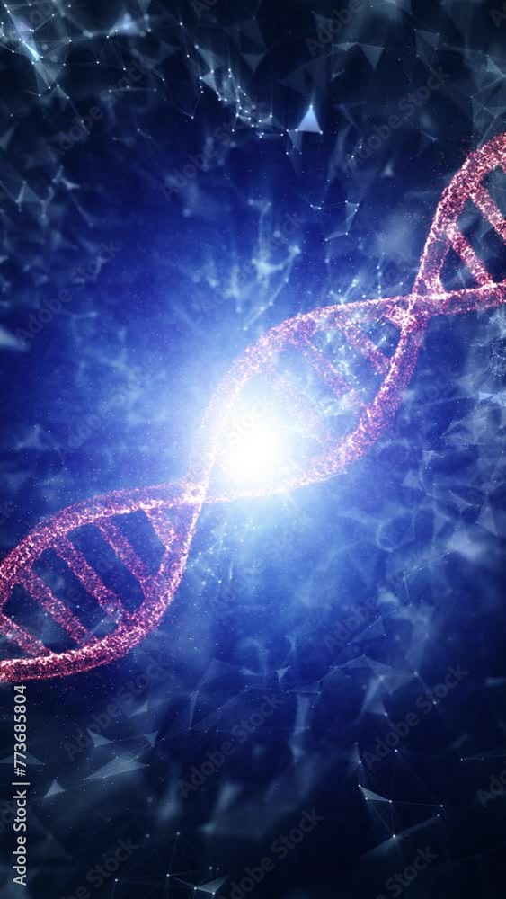 Poster loop 3d red dna chain rotation on blue digital vertical animation background.