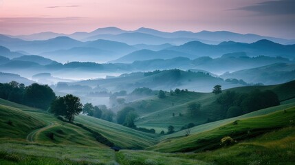 Misty morning panorama showcasing rolling hills, layered mountain silhouettes, and a serene landscape bathed in soft pastel dawn light.