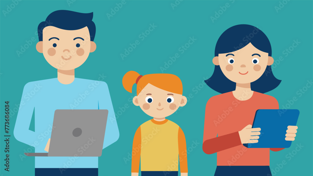 Poster a cartoon showing a parent holding a smartphone while the adolescent is on a laptop representing the