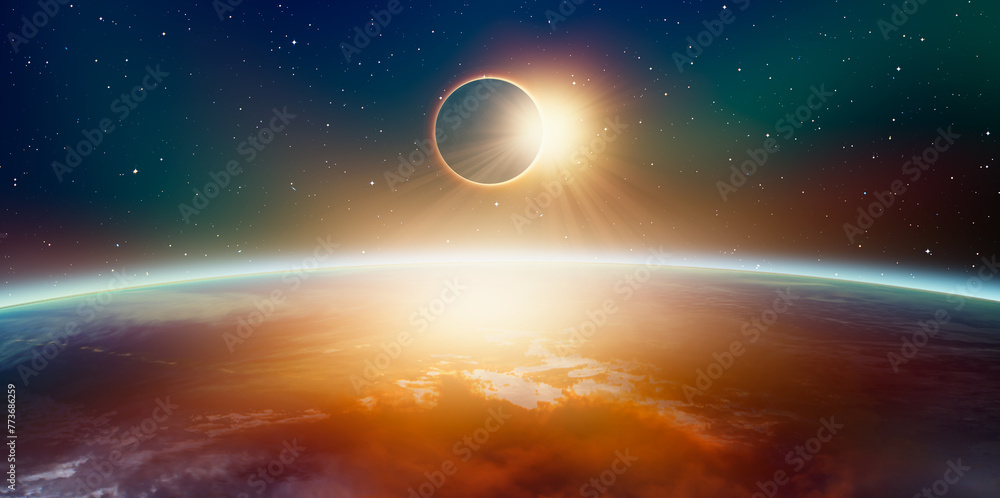 Poster solar eclipse over the planet earth 