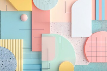 2D flat Memphis design with geometric shapes, soft pastel colors, minimalist layout, clean lines