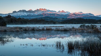 Dawn breaks with soft light casting pink hues over a snow-capped mountain range, reflected in the tranquil waters of a lake.
