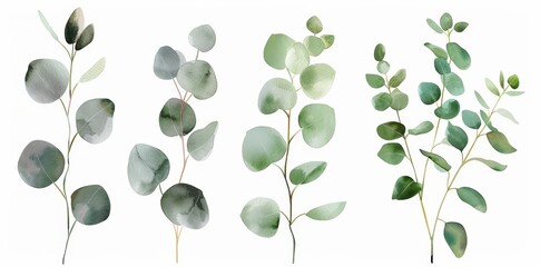Several green leaves arranged together on a plain white background - obrazy, fototapety, plakaty