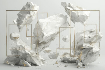 3d render, abstract white background with levitating chalk stones rocks with golden frames