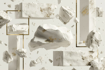 3d render, abstract white background with levitating chalk stones rocks with golden frames - obrazy, fototapety, plakaty