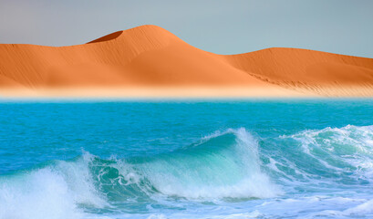 Namib desert with Atlantic ocean meets near Skeleton coast - Namibia, South Africa - obrazy, fototapety, plakaty
