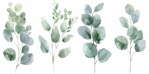 A quartet of delicate watercolor leaves in green and brown hues beautifully arranged on a plain white background