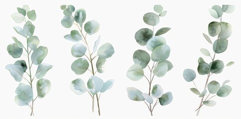 Several green leaves are neatly arranged on a white background