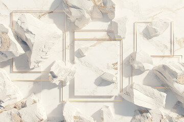 3d render, abstract white background with levitating chalk stones rocks with golden frames