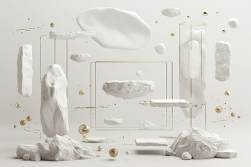 3d render, abstract white background with levitating chalk stones rocks with golden frames