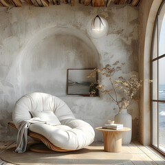Interior with an armchair and a little table on a background of an empty wall, 3D render, 3d illustration.