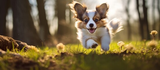 The energetic dog is seen with its legs stretched out, dashing through the green grass beside a...