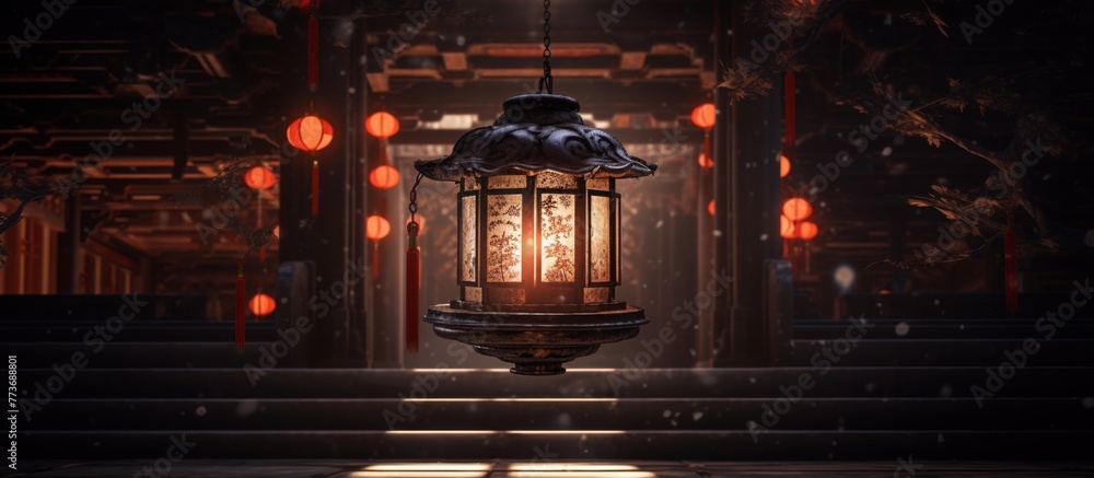 Poster a single lantern illuminating the darkness with a row of red lanterns glowing in the background