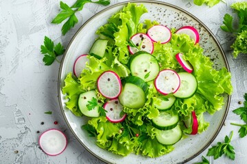 Vegan vegetable salad of green lettuce, radish and cucumber on the plate, vegetarian food . Spring salad Top view flat lay