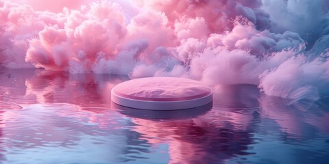 Surreal 3D render of a dreamy, cloud-like compact powder, with a floating, mirror-like surface reflecting a serene, pastel-hued sky and delicate, feather-like powder puffs - obrazy, fototapety, plakaty