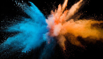 Colored Powder Explosion Speed Motion Radial Orange Blue Abstract on Black Background