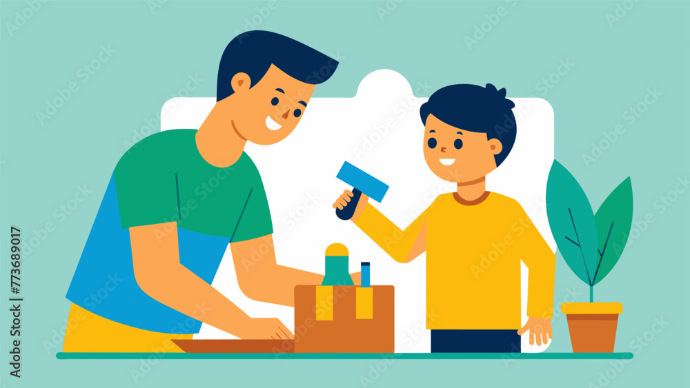 Poster a father and son working together on a diy project each offering their own expertise and enjoying th