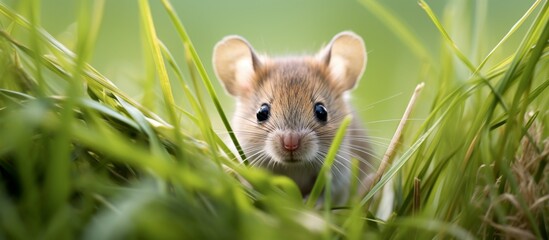 Among the lush green blades, a tiny mouse is concealed in the verdant grass, blending into its natural habitat