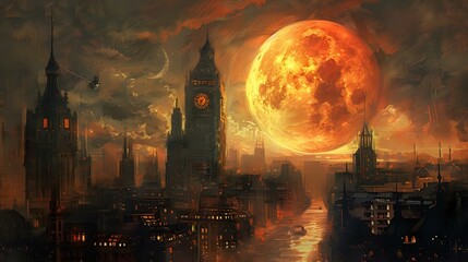 Urban Nightscape: Painting of Big Orange Moon, Skyline, Clock Tower