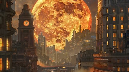 Cityscape Art: Giant Orange Moon, Tall Buildings, Clock Tower Background