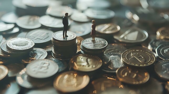 Tiny Couple Standing on Coin Stack of Equal Height: Miniature Figures