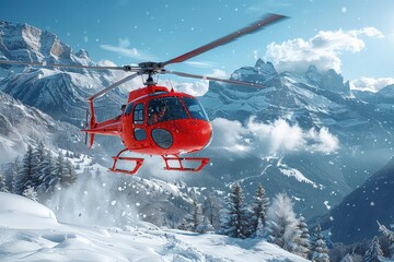 A red rescue helicopter during search and rescue work in the mountains. A helicopter searching for people in mountain forests. Heroic chopper scans forest.