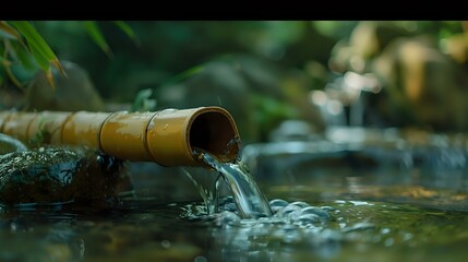 Water Flowing from Bamboo Spout: Serene Nature Scene with Natural Fountain
