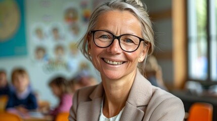 A woman wearing glasses smiling inside a classroom setting