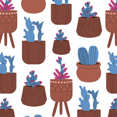Seamless pattern with cacti and succulents in pots. Packaging design for flower shops. Creating a home garden. Vector illustration isolated on transparent background.