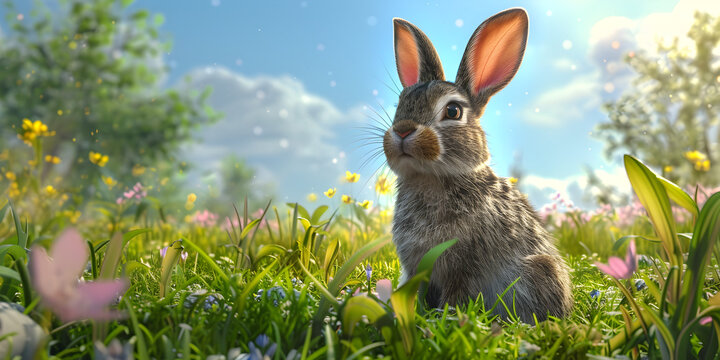 A beauty full rabbit in the grass with sky blue background