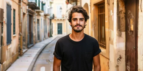 Deurstickers Smal steegje A man wearing a black t-shirt stands confidently in a narrow alleyway between buildings