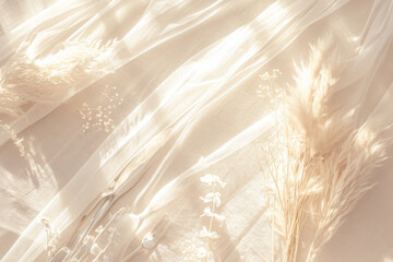 Boho wedding backdrop with natural light shadows on beige linen cloth texture. 