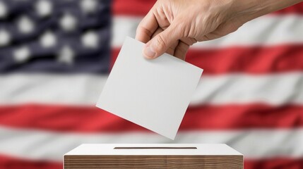 A person is seen placing a voting card into a ballot box. The background is simple and minimalistic blurred USA flag - obrazy, fototapety, plakaty