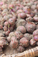 Shallots in woven bamboo called tampah on paving

