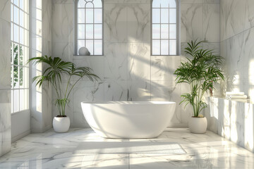 A large white bathtub sits in a bathroom with two potted plants