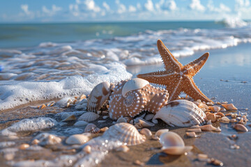 A starfish and a bunch of shells are on the beach - Powered by Adobe